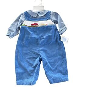 Petit Ami Corduroy Farm Smocked Overall & Shirt Outfit - 2 Piece Set - 6 Months